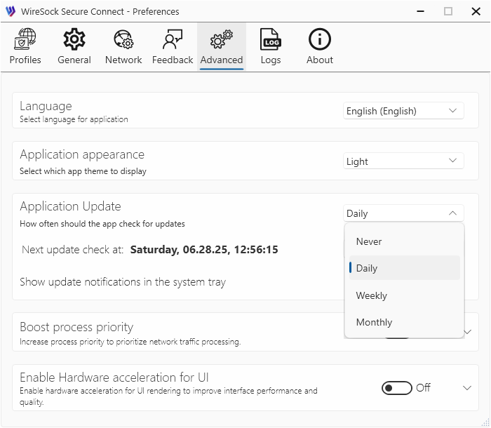 Application update Settings