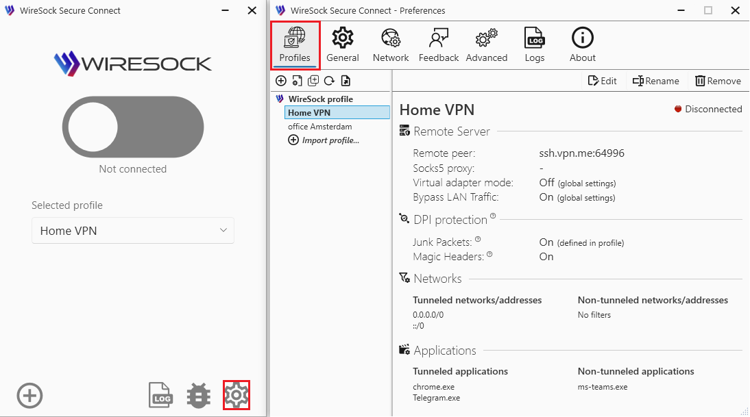 Open Profiles tab