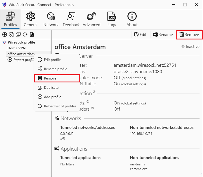 Remove profile using button or context menu