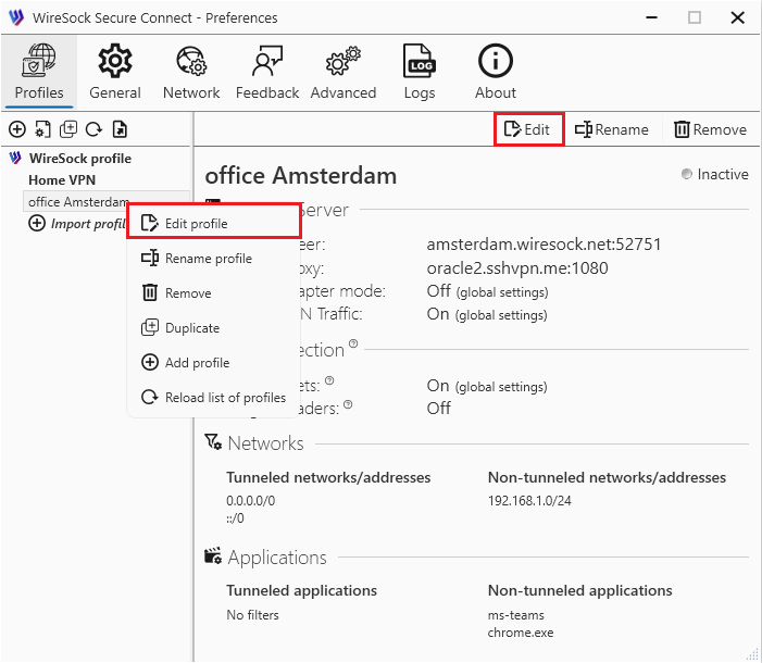 Select profile and press Edit button